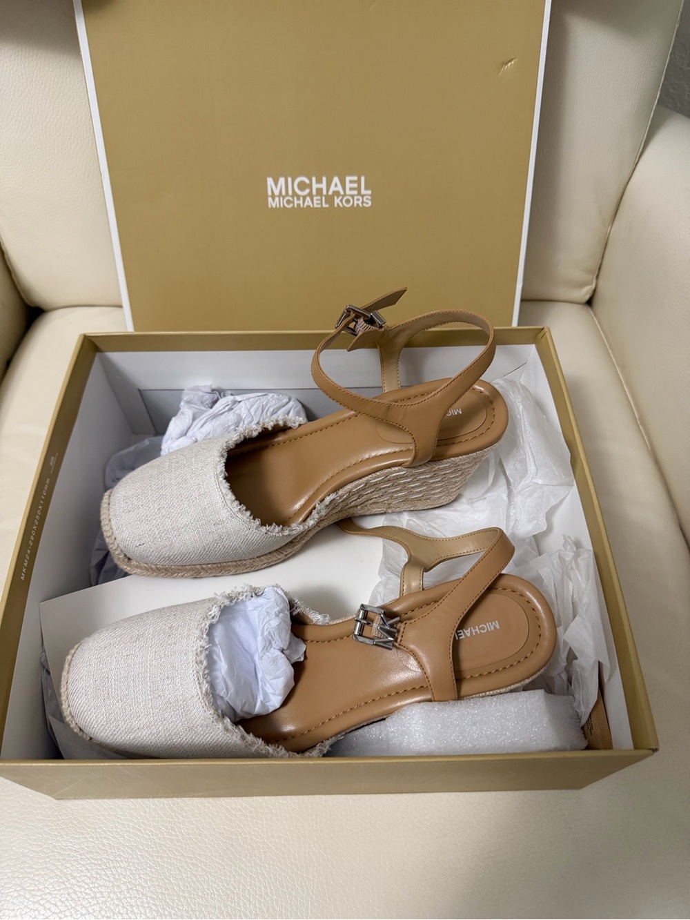 Michael Kors Cream & Tan Espadrille Wedge Sandals with Ankle Strap